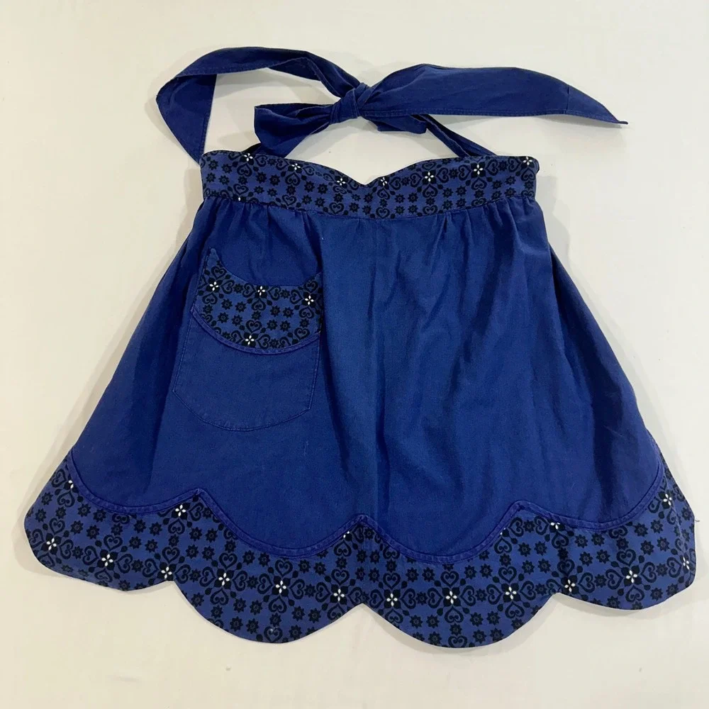 Vintage Navy Blue Scalloped Half Apron Heart Print Pocket Cotton One Size